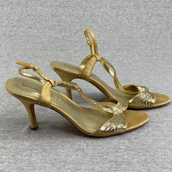 Arturo Chiang Heels Womens 8.5M Gold Sequin Strappy Leather Peep Open Toe Sandal - Picture 6 of 11